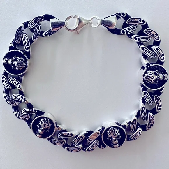 925 Silver skull 10mm bracelet link chain 8 inches - Picture 2 of 4